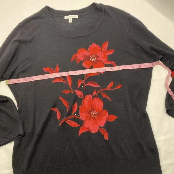 Emily Daniels Black Floral Knit 3/4 Sleeve Pullover Sweater XL Beautiful Classy - Picture 4 of 6